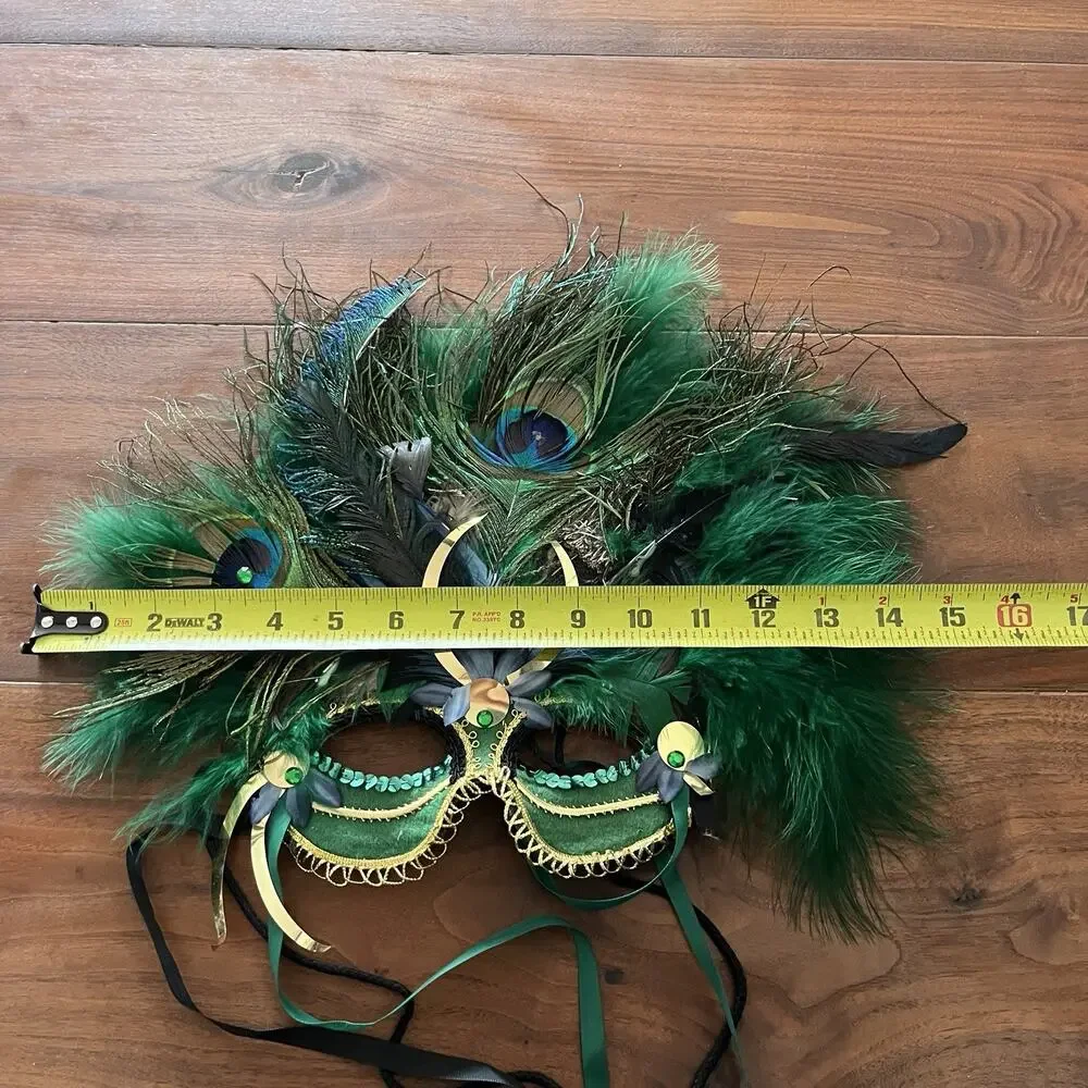 Vintage Gypsy Renaissance Handcrafted Peacock Feather Mask Alexis Green/Blue